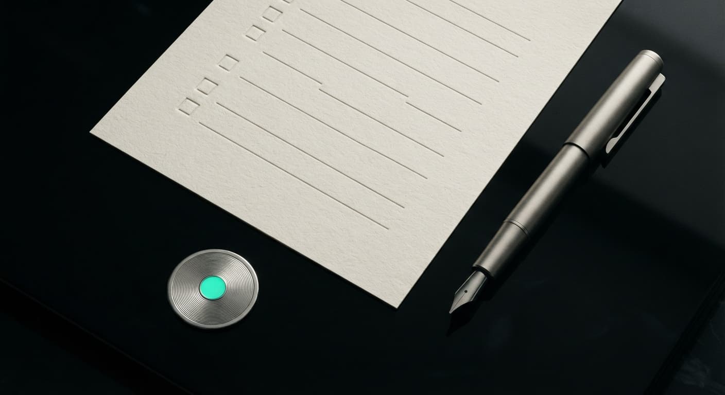 A cotton-paper checklist card with a titanium pen and a platinum seal on obsidian