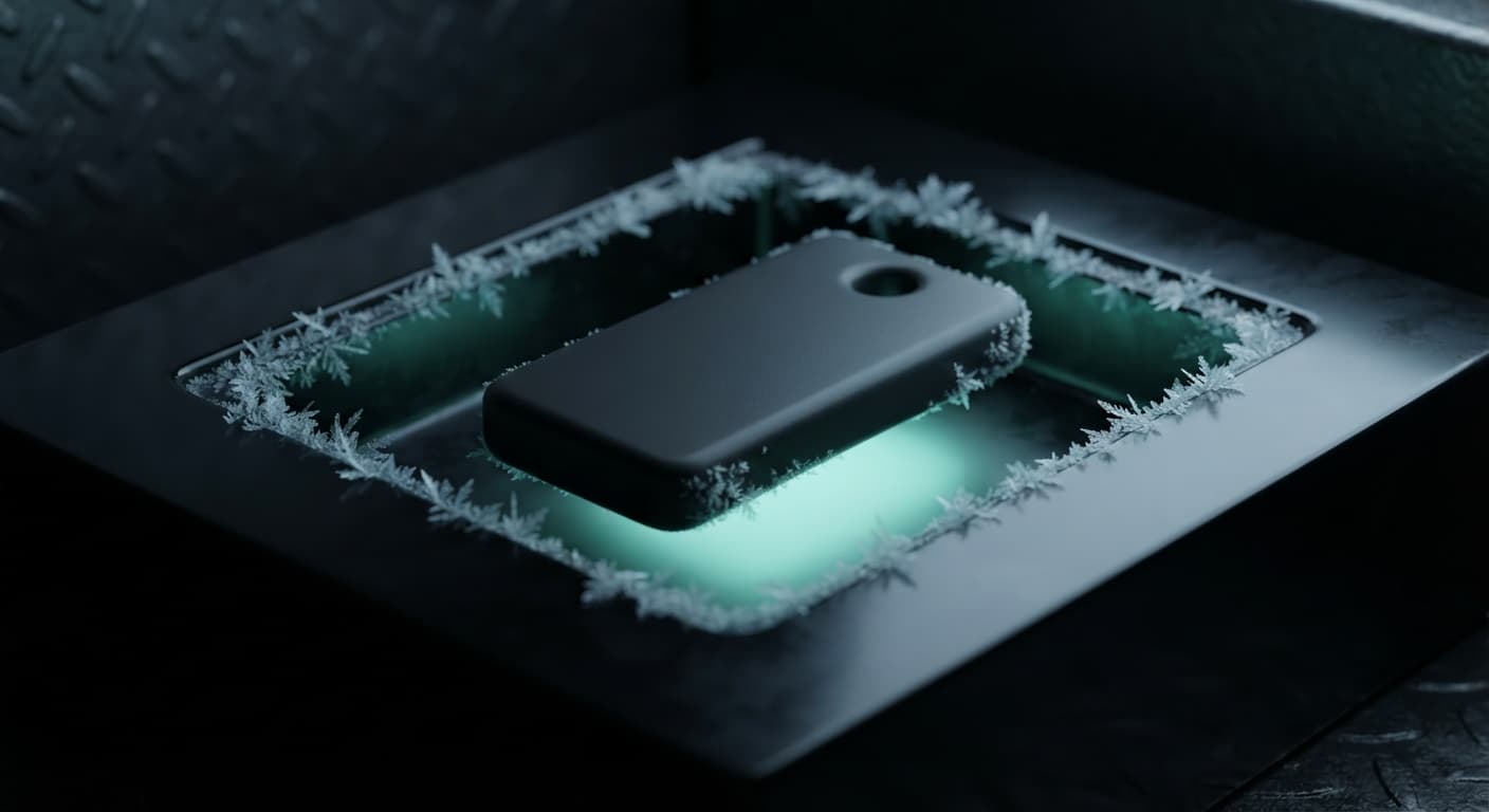 A matte black hardware key resting in a frosted niche cut into obsidian
