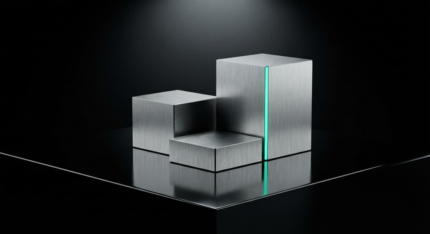 Three machined titanium blocks of different heights, the tallest edged with a mint light